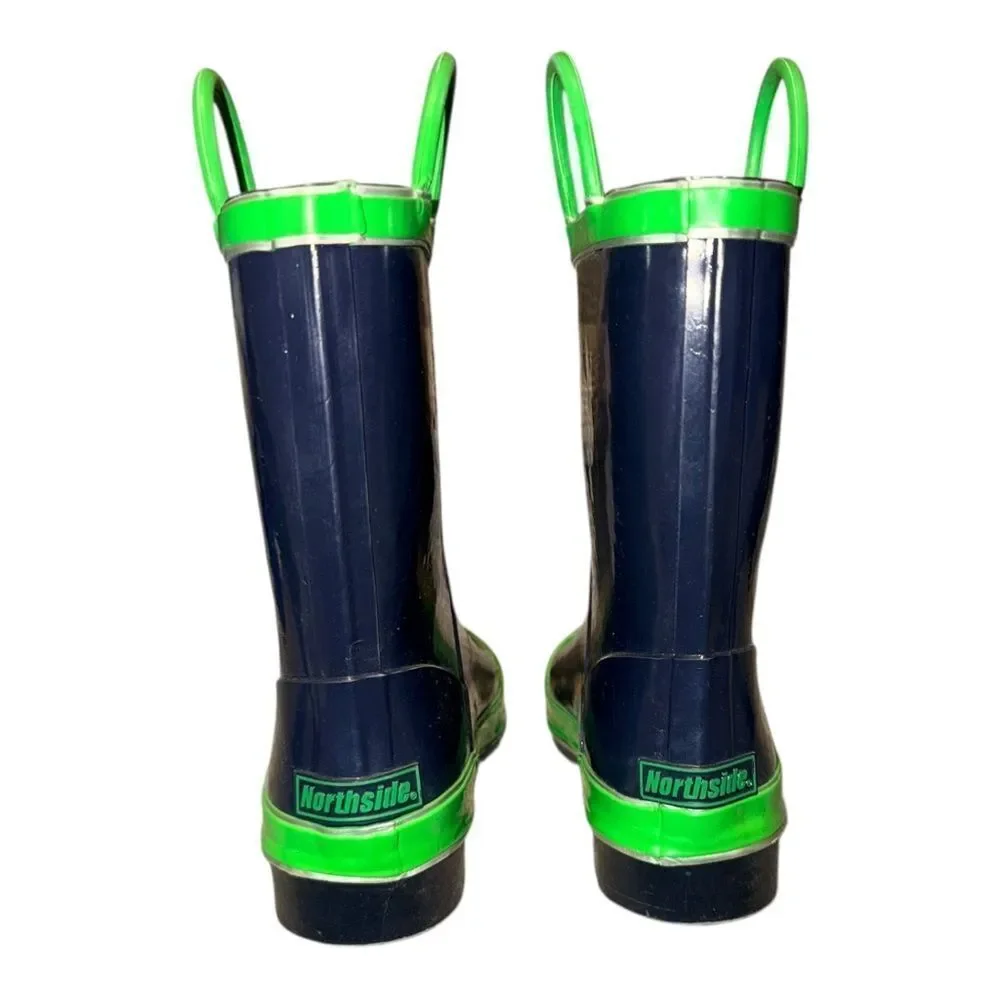 Northside Unisex Child Classic Rain Boots Navy Blue & Green Pull On 2M EUC